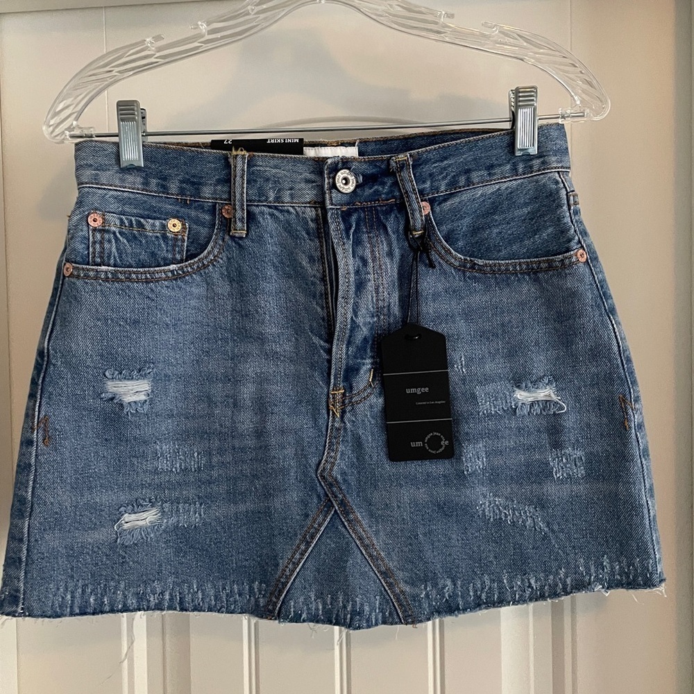 Umgee 27 (US 5) Mini Skirt Jean Denim Distressed Raw Hem Button Fly NEW